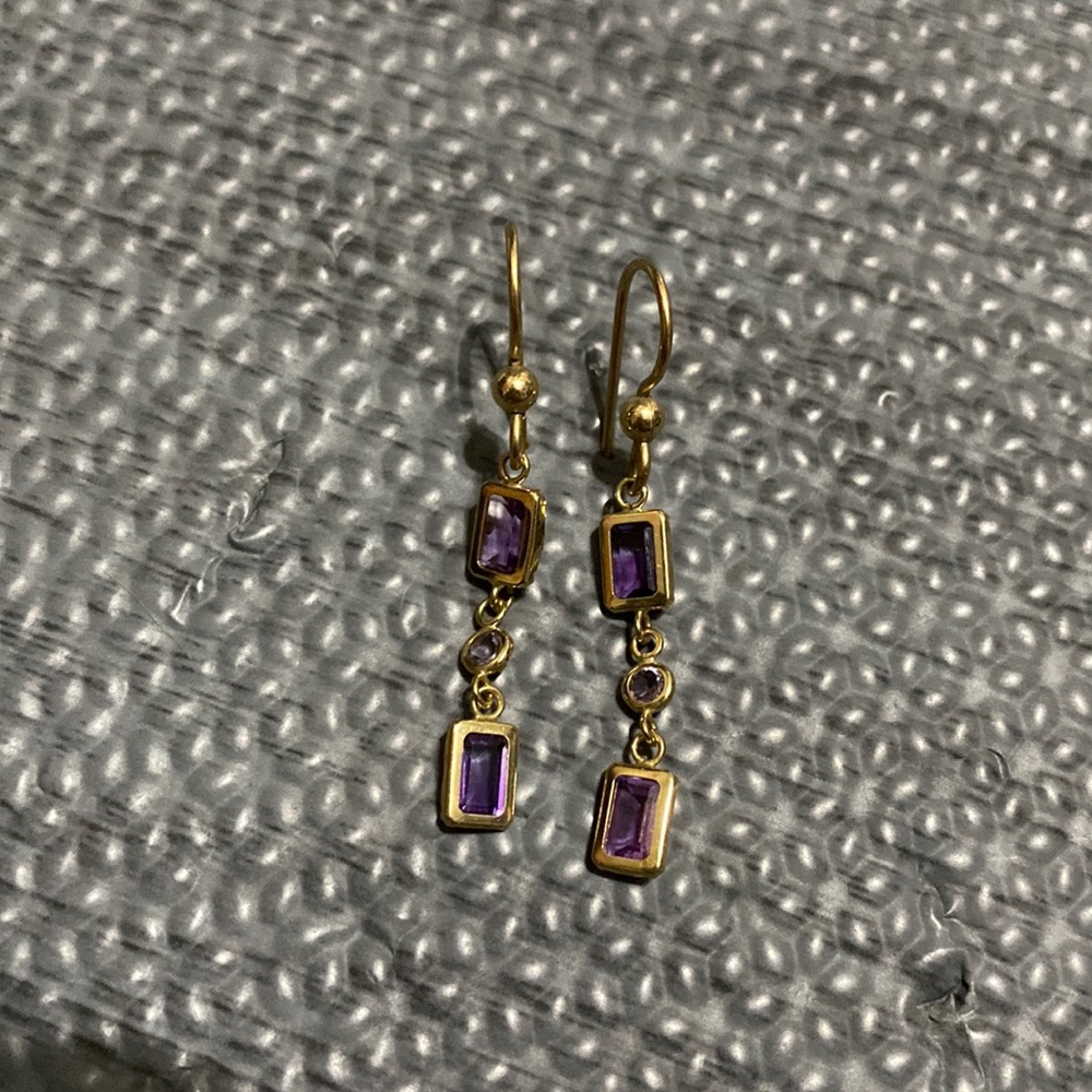 Gold and amethyst colored dangling earrings